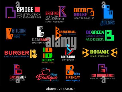 B letter icons, corporate business and brand identity abstract symbols. Vector B signs of construction and engineering industry, wealth management par