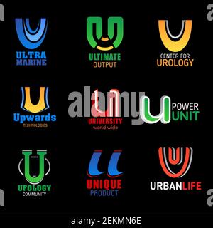 U letter icons of urology clinic, technology industry and business university. Vector abstract U symbols of ufology science community, unique product Stock Vector
