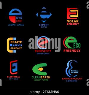 Letter E icons of corporate identity and business industry. Vector E signs of ophthalmology medicine, export logistics and delivery service, solar ene Stock Vector