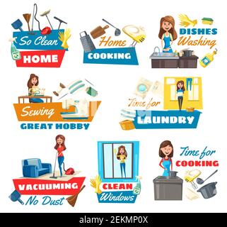 Cleaning, laundry, dish washing and cooking household service, vector icons. Housewife cleaning window, vacuuming carpet and sewing cloth. Kitchen ute Stock Vector