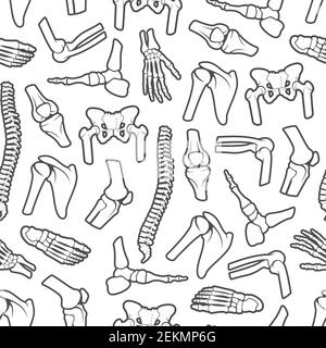Bones and joints monochrome seamless pattern. Vector human spine pelvis, shoulder scapula, wrist with fingers and foot ankle. Orthopedic background, a Stock Vector