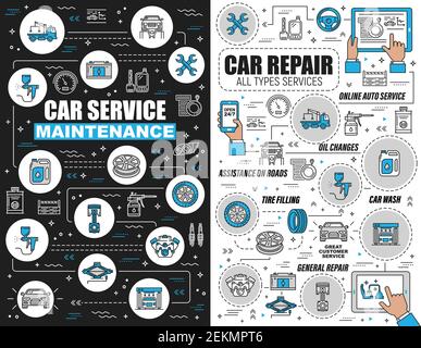 Car repair and maintenance outline vector icons. Service of oil change, assistance on roads, tire fitting, vehicles wash. General car renovation, whee Stock Vector