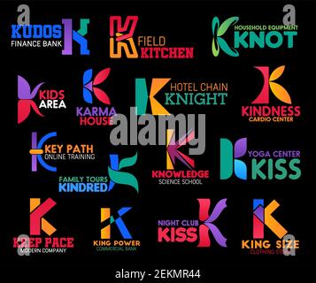Letter K corporate identity icons of finance bank, cardio medical center or online training courses and science school. Night club, hotel or commercia Stock Vector