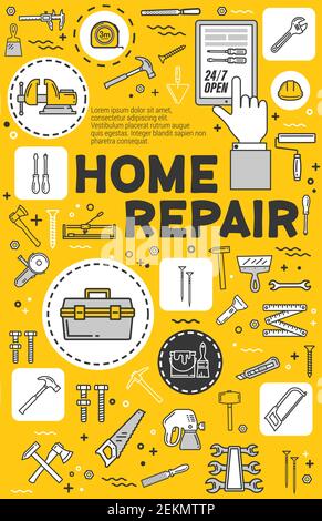 Home repair and construction service, diy vector tools. Online shop, renovation instruments, screwdriver and carpentry hammer, toolbox. Saw and paint Stock Vector