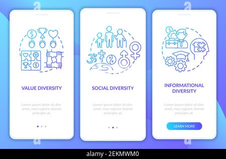 Top management diversity types onboarding mobile app page screen with concepts Stock Vector