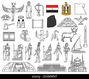 Egypt ancient gods and religion symbol icons. Vector deities, Anubis, Ankh, Horus eye, flag and Sphinx. Pharaoh pyramids, Karnak Temple, Deir el-Bahar Stock Vector