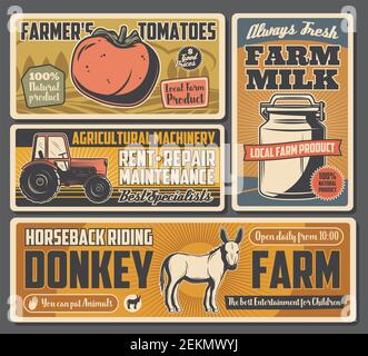 Farm tomatoes, agricultural dairy products, tractor and riding on donkeys. Vector natural food production, agriculture. Milk and vegetables harvest, l Stock Vector