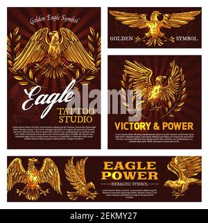 Golden eagle symbol of victory and power heraldry sign. Vector tattoo studio emblem with mascot bird, heraldic falcon and laurel branches. Flying feat Stock Vector
