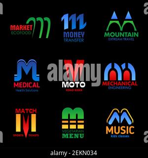 M icons of medical health industry, mechanical engineering or extreme sport travel. Vector M letter symbols of brand and company corporate identity, v Stock Vector