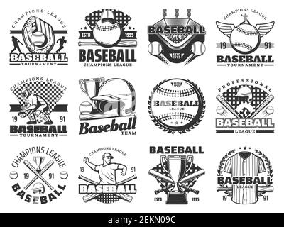 Baseball sport game isolated icons. Vector sporting items, glove and ball, trophy cup and stadium, players uniform, stadium or arena. Tournament or ch Stock Vector
