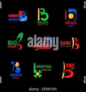 Letter B icons in service, finance and education. Vector corporate identity B symbols of broker agency, ballet dance school or bank investment industr Stock Vector