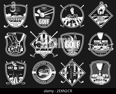 Golf sport club monochrome isolated icons and badges. Vector golfing court, ball and stick, player and sporting equipment. Tee course and cup award, g Stock Vector