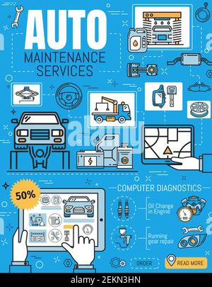 Car maintenance service thin line vector. Vehicle repair and computer diagnostics, oil change in engine and running gear repairing, car evacuation and Stock Vector