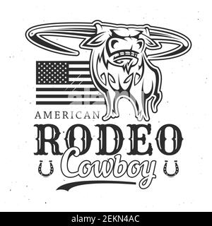 American rodeo and cowboy buffalo with USA flag. Vector T-shirt print design, bucking bull with horns, wild west advertisement. Horseshoes and letteri Stock Vector