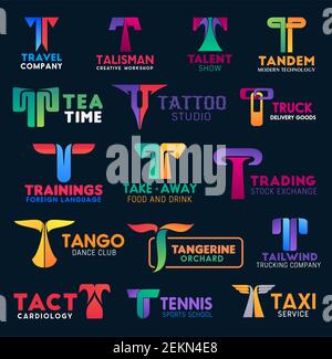Corporate identity letter T icons, tattoo studio or trade stock exchange business company and taxi service sign. Vector T creative group, travel agenc Stock Vector