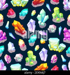 Crystals, gemstones and natural minerals seamless pattern. Vector cutted precious stones, sparkling diamonds. Background jewelry industry gems, garnet Stock Vector