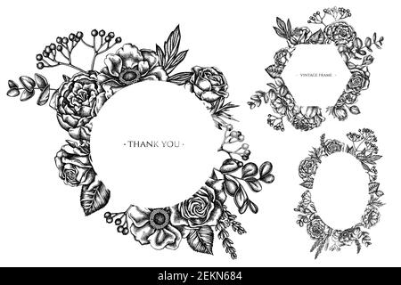 Floral frames with black and white roses, anemone, eucalyptus, lavender, peony, viburnum Stock Vector