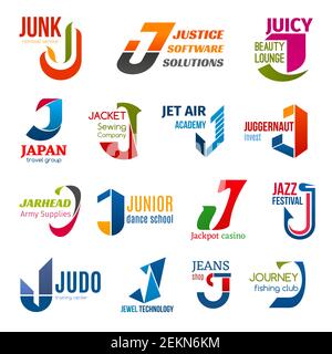 Corporate identity letter J business icons. Vector ecology, software and beauty, travel and sewing, education and finance, army and hobby. Gambling an Stock Vector