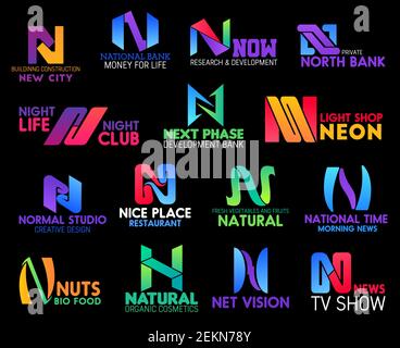 Corporate identity letter N icons of neon light shop, natural organic cosmetic brand and creative design studio. Building and construction corporation Stock Vector