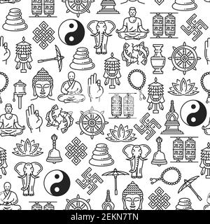 Buddhism seamless pattern of Zen meditation and religious line symbols. Buddha monk mudra, Yin Yang or Dharma wheel and temple drums, elephant and Bud Stock Vector