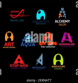 Letter A abstract icons for business. Artery and aquatic, alchemy and art, aqua and abc book, adrenaline and aids, archaeology and agriculture. Organi Stock Vector