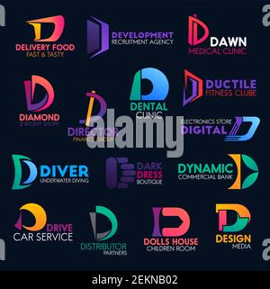 Letter D icons and business company corporate identity symbols. Vector D signs food delivery, recruitment agency or medical clinic and jewelry store, Stock Vector