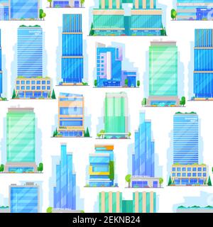Shopping malls, trade and business centers pattern. Vector seamless background of commercial buildings, shops or stores and city supermarkets or offic Stock Vector