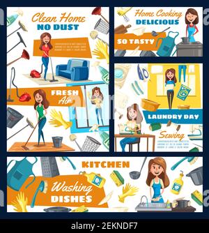 Home cleaning and house service in floor mopping, laundry, washing. Vector woman with laundry detergents, vacuum cleaner and sewing machine, ironing c Stock Vector