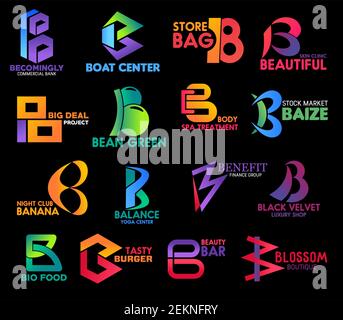 B icons letters of corporate identity and business company symbols. Vector B commercial bank, skin beauty clinic or luxury shop and burger restaurant, Stock Vector