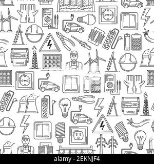 Electric power, electricity and energy generation seamless pattern. Vector background of electrician, equipment, light bulb or electricity socket, ele Stock Vector