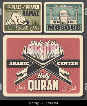 Islam religion retro cards. Holy muslim symbols with prayer on knees and namaz, mosque and Quaran book, crescent and star. Arabic center on vintage po Stock Vector