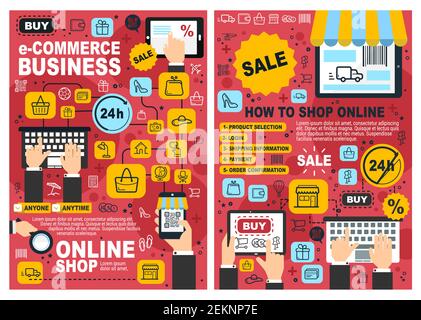 Internet business, online shopping and digital store trade. Vector e-business poster and icons on purchase order online payment, shipping and delivery Stock Vector