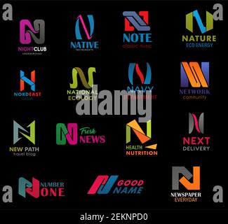 Letter N font modern icons design, business company or technology symbols. Vector N geometric shape of night club, music note or eco nature and navy d Stock Vector
