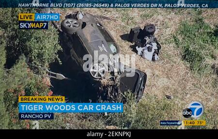Los Angeles, USA. 23rd February, 2021. ABC News helicopter coverage of a car crash involving golfer TIGER WOODS. 23rd Feb, 2021. He was extracted from the car this morning using the jaws of life and transported to a hospital where he is currently undergoing surgery. Credit: Abc News/ZUMA Wire/Alamy Live News Stock Photo