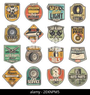 Car repair service, spare parts shop retro icons. Vector speed limit sign, mechanic wheel and tire rims repair shop, mufflers and brake pads restorati Stock Vector