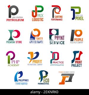 Corporate identity letter P business icons. Vector gas and logistic, transport and design, shopping and repairing, science and typography. Education a Stock Vector