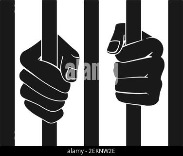 Prisoner fists behind bars or hands holding prison bars in vector silhouette Stock Vector