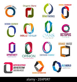 Corporate identity letter O business icons. Vector energy and food, factory and technology, equipment and design, travel and coworking. Advertising an Stock Vector