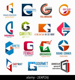 Corporate identity letter G business icons. Vector gaming and energy, weapon, sport and entertainment, travel, finance and fashion. Software and commu Stock Vector
