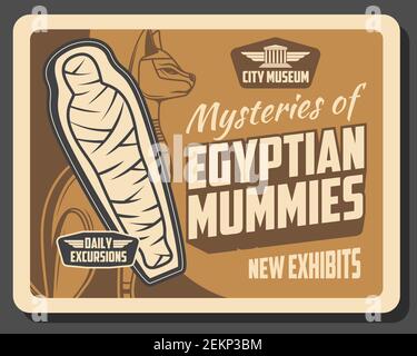 Egyptian mummies exhibition in museum, ancient Egypt history. Vector cat deity and exhibits of deceased human, mysteries of prehistoric times. City mu Stock Vector