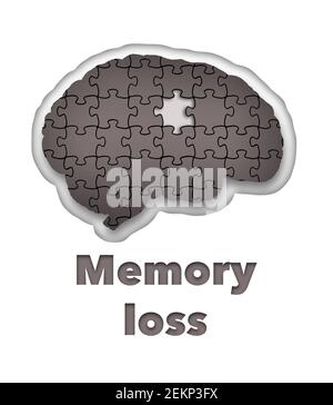 A jigsaw puzzle with a piece missing appears inside a silhouette of a brain in this 3-D illustration about memory loss or other mental illness. Stock Photo