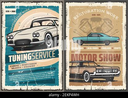 Vintage old cars tuning service, mechanic diagnostic and garage station. Vector vintage motor show and repair service, rare vehicles spare parts and m Stock Vector