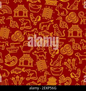 Chinese pattern of lunar year signs. Vector seamless background or traditional religious Chinese New Year symbols of dragon fireworks or firecrackers, Stock Vector