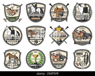 Horse races and equine sport club icons. Vector jockey polo club tournament, horse racing in carriages and mustang jumping, jockey dressage and herald Stock Vector