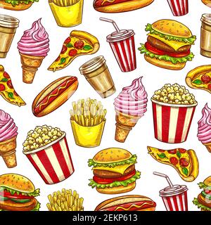 Fast food seamless pattern, vector meals and drinks. Pizza and ice cream, french fries and cheeseburger, hot dog and popcorn, soda and coffee. Takeawa Stock Vector