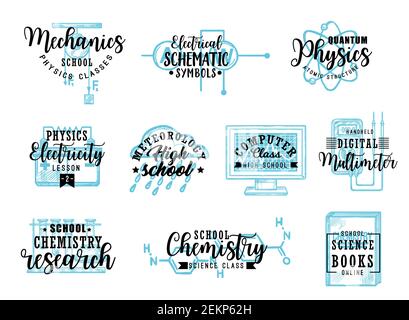School subjects, science and research lettering. Vector mechanics classes, quantum physics and atoms structure. Electricity and electrical schematic s Stock Vector
