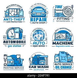 Repair service, car maintenance isolated icons. Vector anti-theft system, shop and tire fitting, fuel gas station, machine diagnostic center. Painting Stock Vector