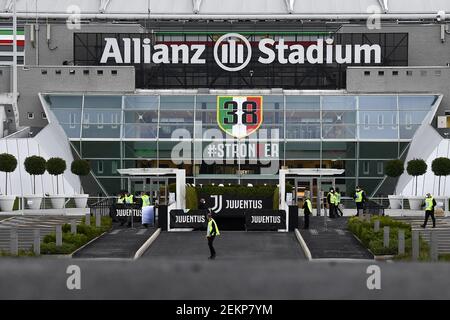TURIN, ITALY - October 04, 2020: General view shows Allianz Stadium before the Serie A football match scheduled between Juventus FC and SSC Napoli. SSC Napoli will not show up as they had been prevented from travelling to Turin by local health authorities (ASL) due to the possibility of a COVID-19 coronavirus outbreak in the squad. Also Juventus FC squad have gone into isolation after two staff members tested positive for COVID-19 coronavirus, however Juventus FC will show up at Allianz Stadium as normal as Serie A officials have not ordered the postponement of the match. In all likelihood Juv