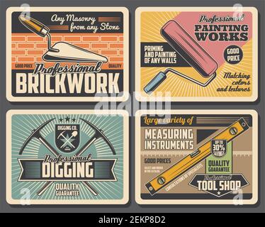 Brickwork, digging and painting service, measuring instruments shop. Vector DIY tools, brick wall and paint roller, mining pickaxe and shovel, waterpa Stock Vector
