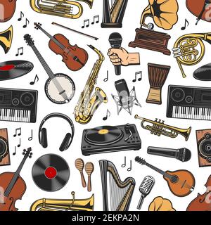 Musical instruments seamless pattern background. Vector trumpet and harp, gramophone, banjo and violin, synthesizer and drum, vinyl disc. Headphones a Stock Vector